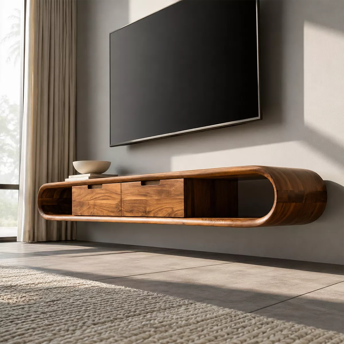 Natural Solid Wood TV Stand with Sculptural Rounded Base Japandi Style - Rustiracraft