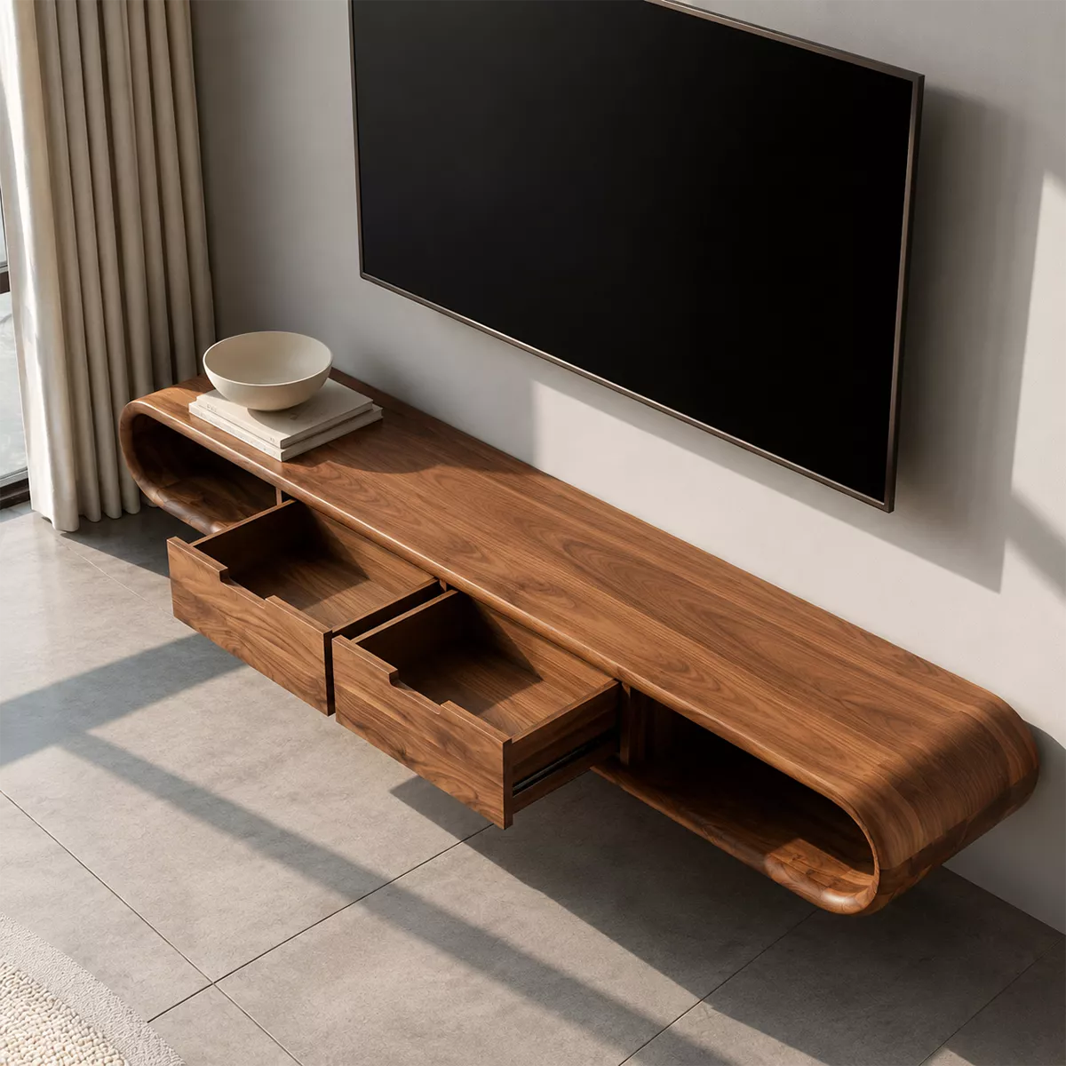 Natural Solid Wood TV Stand with Sculptural Rounded Base Japandi Style - Rustiracraft