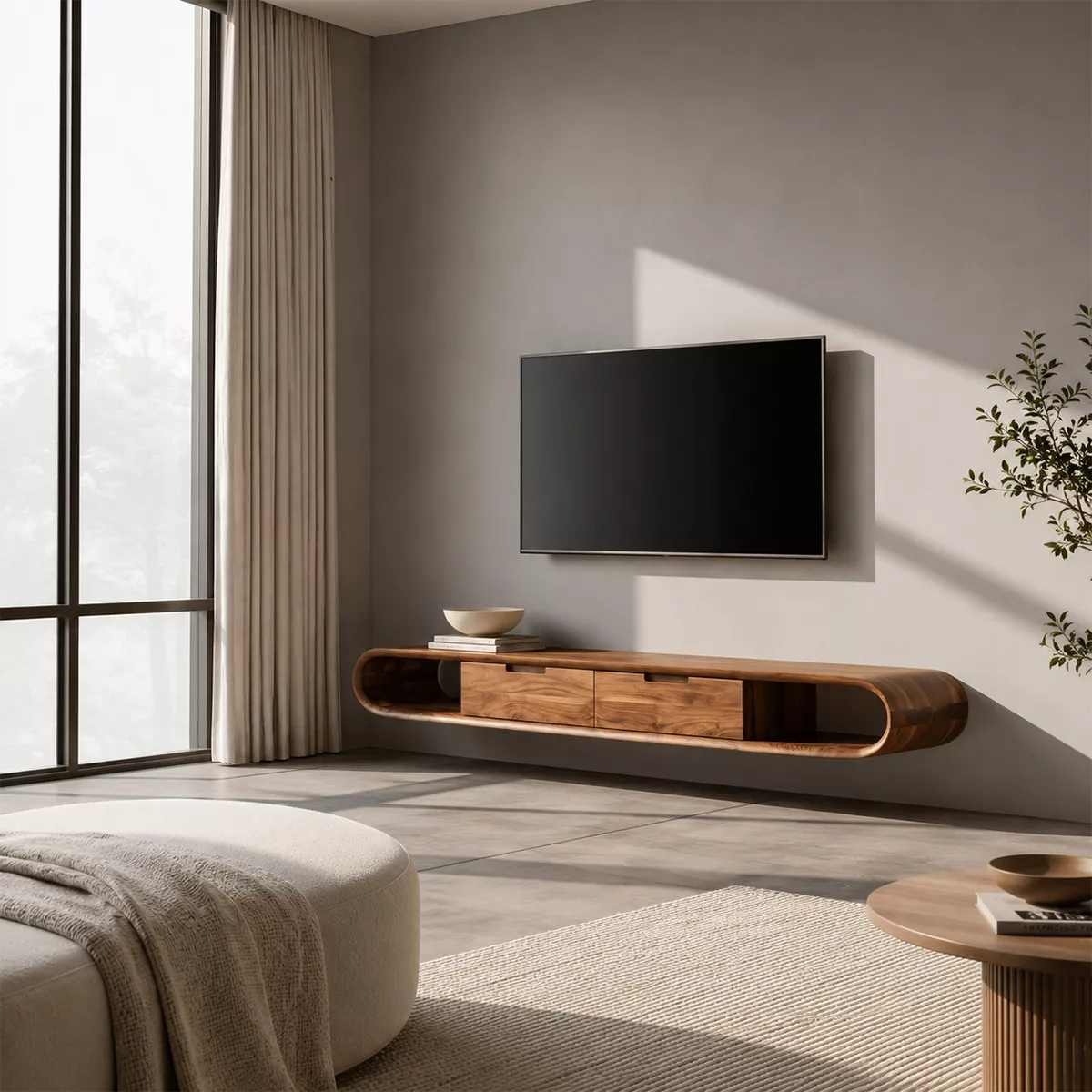 Natural Solid Wood TV Stand with Sculptural Rounded Base Japandi Style - Rustiracraft