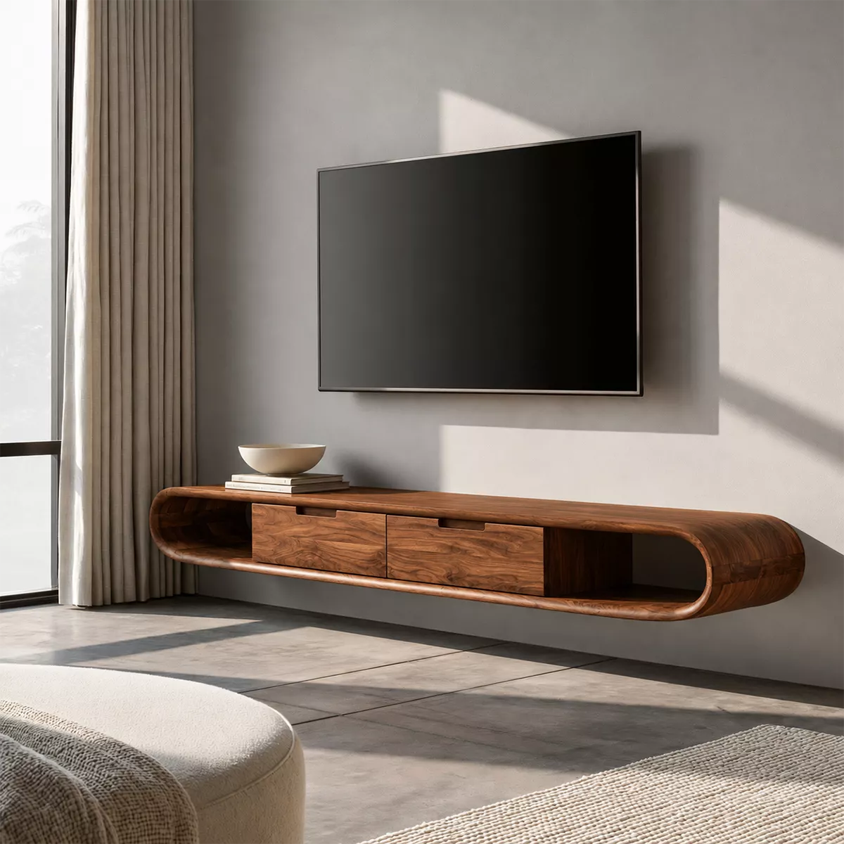Natural Solid Wood TV Stand with Sculptural Rounded Base Japandi Style - Rustiracraft