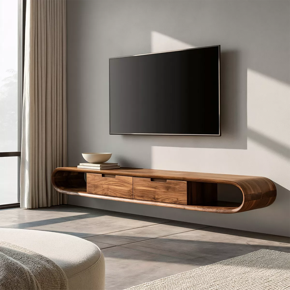 Natural Solid Wood TV Stand with Sculptural Rounded Base Japandi Style - Rustiracraft
