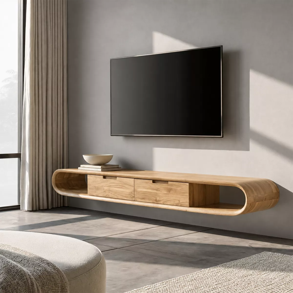 Natural Solid Wood TV Stand with Sculptural Rounded Base Japandi Style - Rustiracraft