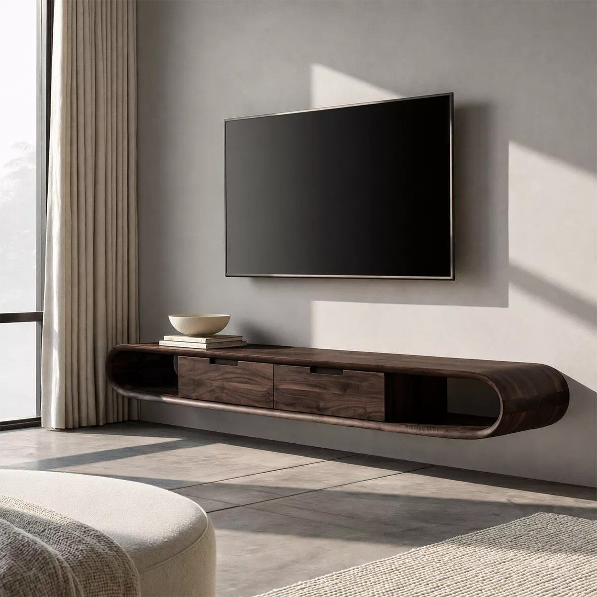 Natural Solid Wood TV Stand with Sculptural Rounded Base Japandi Style - Rustiracraft