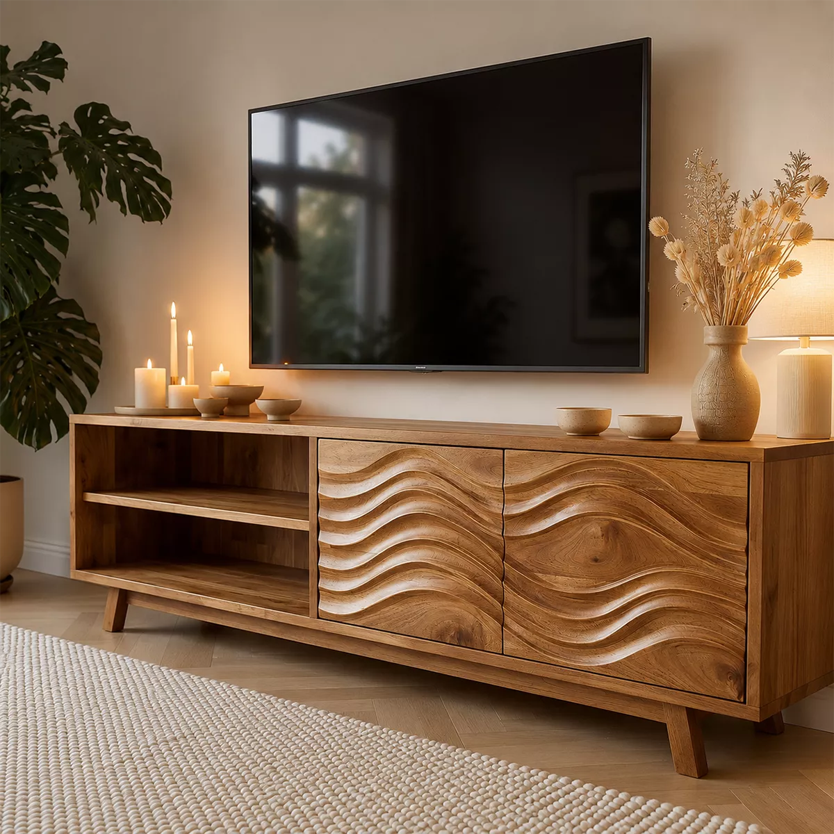 Natural Solid Wood TV Stand with Sculptural Wave Cabinet Doors Modern - Rustiracraft