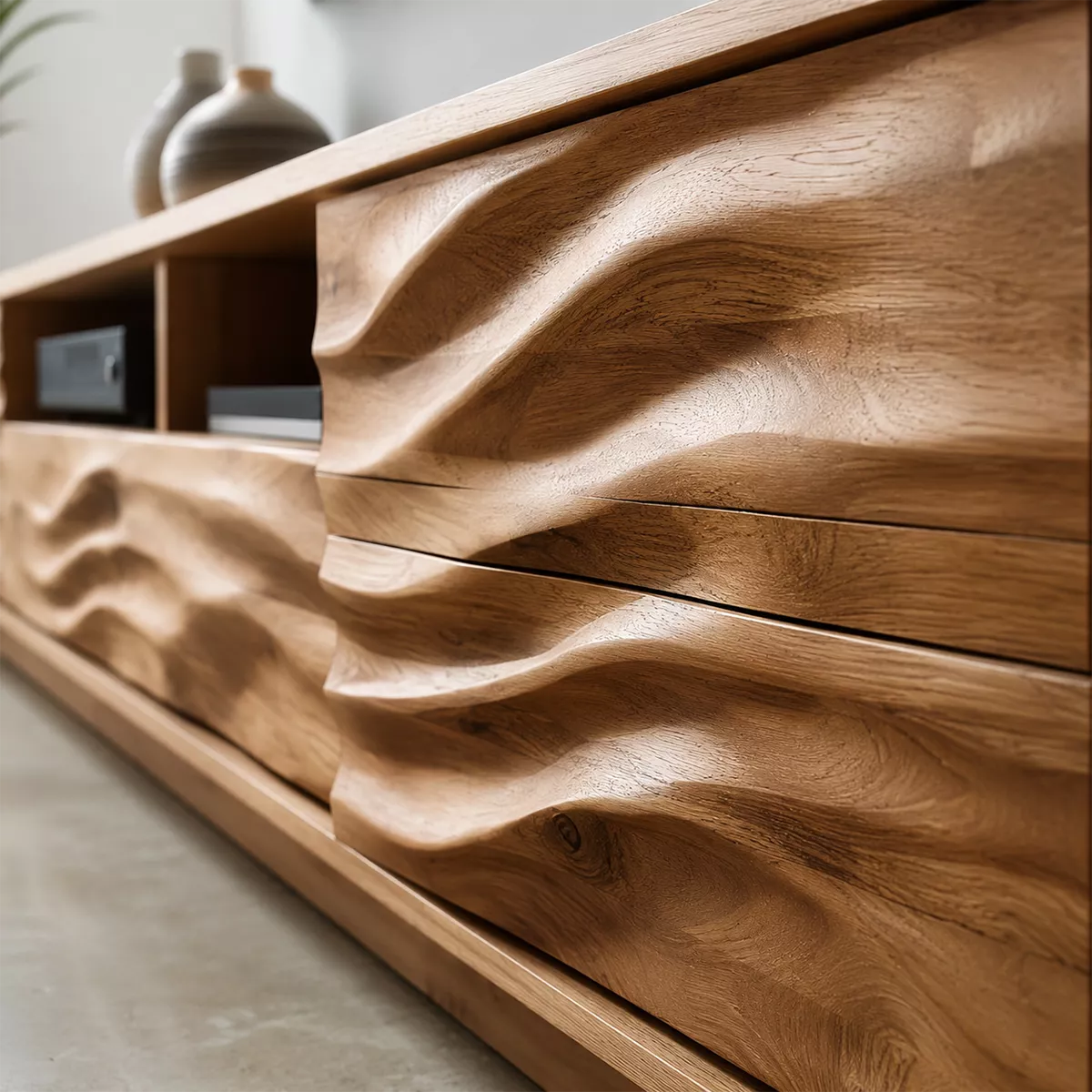Natural Solid Wood TV Stand with Sculptural Wave Drawers Modern Style - Rustiracraft