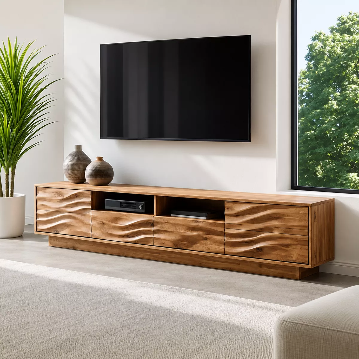 Natural Solid Wood TV Stand with Sculptural Wave Drawers Modern Style - Rustiracraft