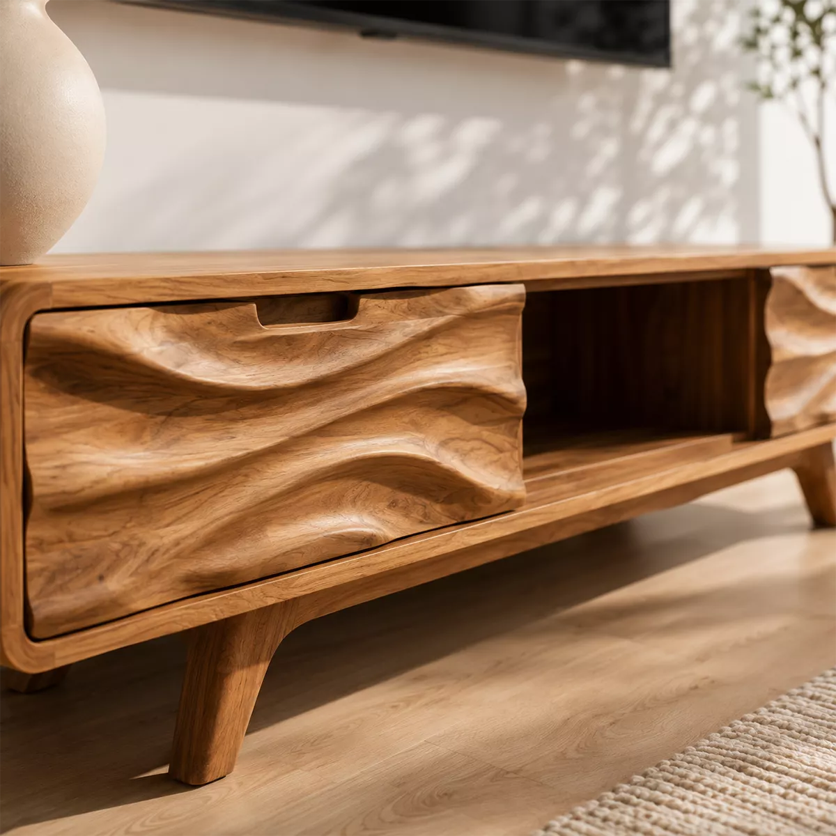 Natural Solid Wood TV Stand with Sculptural Wave Drawers Scandinavian - Rustiracraft