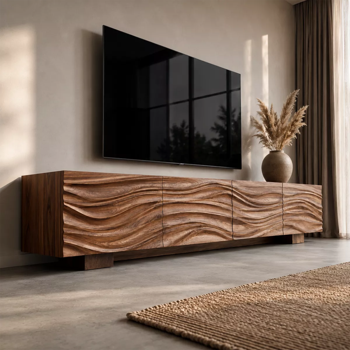 Natural Solid Wood TV Stand with Sculptural Wave Facade Modern Design - Rustiracraft