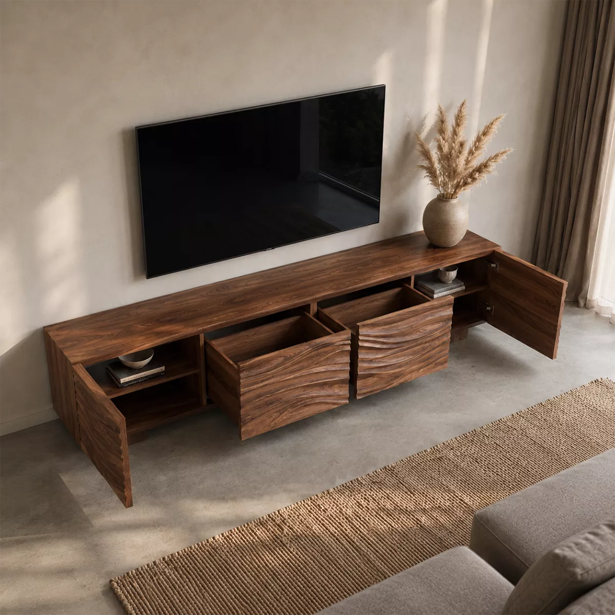 Natural Solid Wood TV Stand with Sculptural Wave Facade Modern Design - Rustiracraft