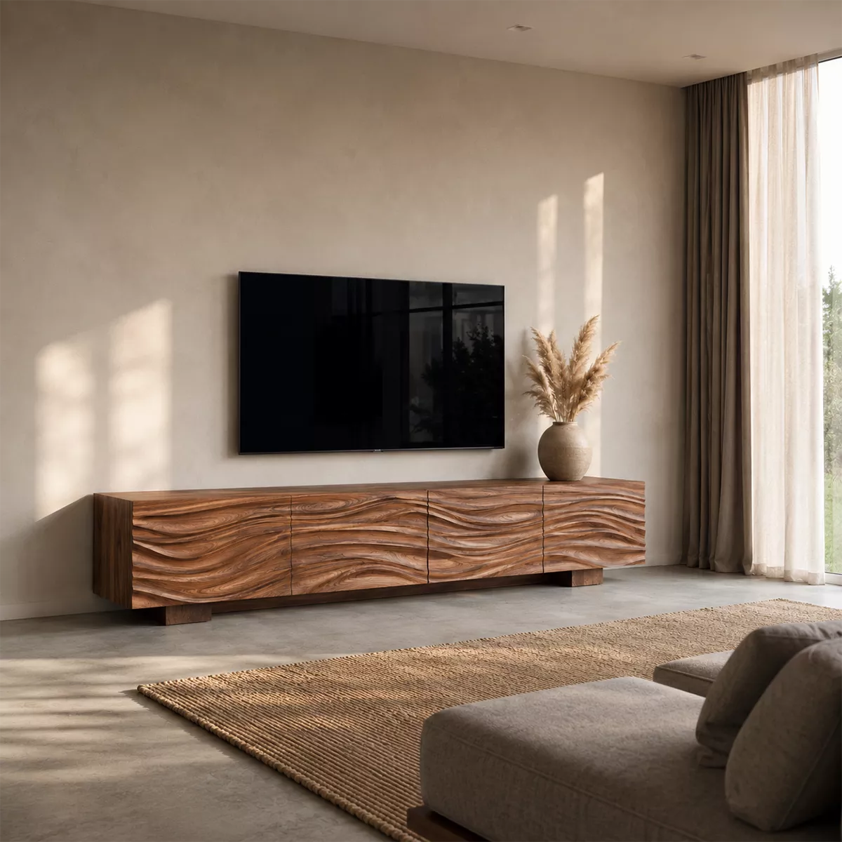 Natural Solid Wood TV Stand with Sculptural Wave Facade Modern Design - Rustiracraft