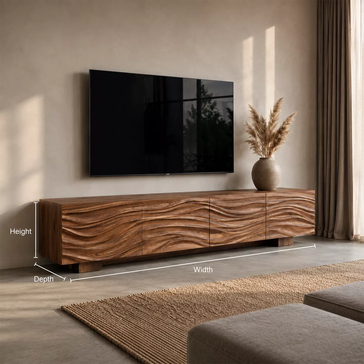 Natural Solid Wood TV Stand with Sculptural Wave Facade Modern Design - Rustiracraft