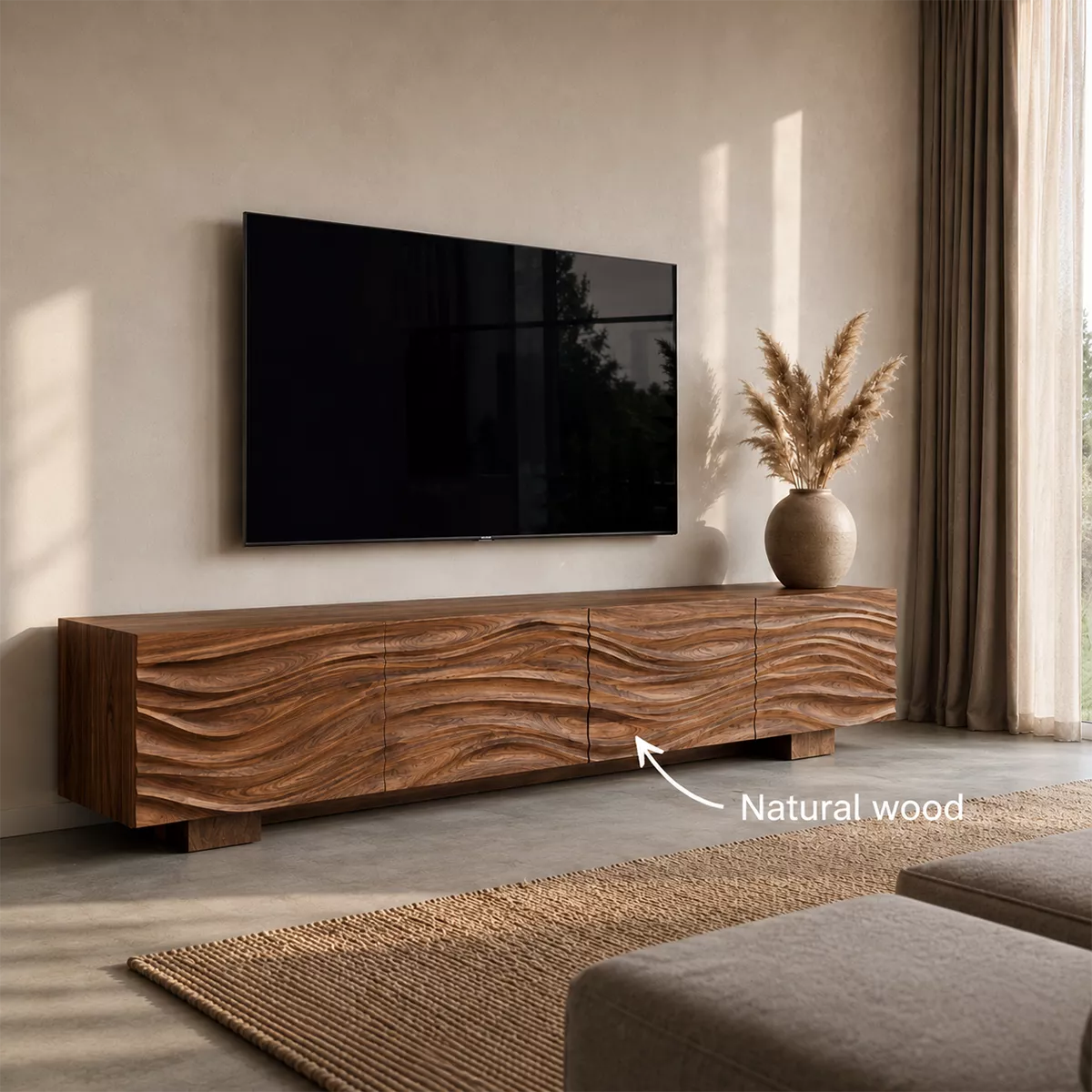Natural Solid Wood TV Stand with Sculptural Wave Facade Modern Design - Rustiracraft