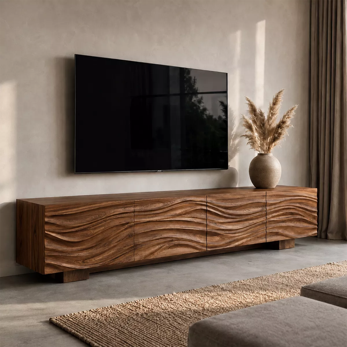 Natural Solid Wood TV Stand with Sculptural Wave Facade Modern Design - Rustiracraft
