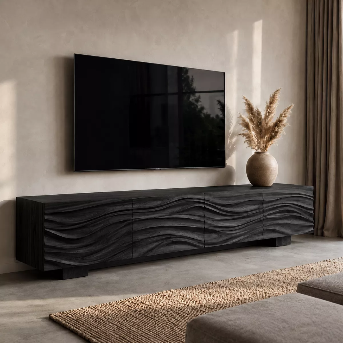 Natural Solid Wood TV Stand with Sculptural Wave Facade Modern Design - Rustiracraft