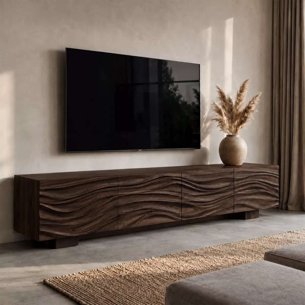 Natural Solid Wood TV Stand with Sculptural Wave Facade Modern Design - Rustiracraft