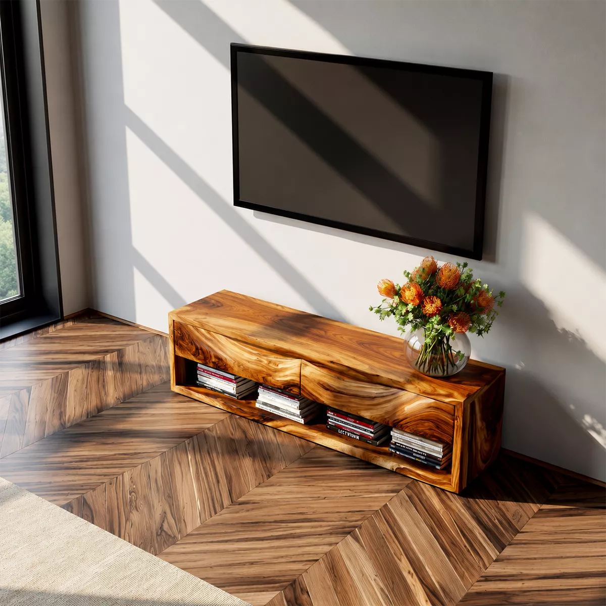 Natural Solid Wood TV Stand with Sculptural Wavy Top Modern Minimalist - Rustiracraft