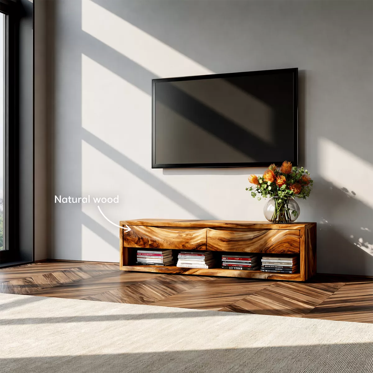 Natural Solid Wood TV Stand with Sculptural Wavy Top Modern Minimalist - Rustiracraft