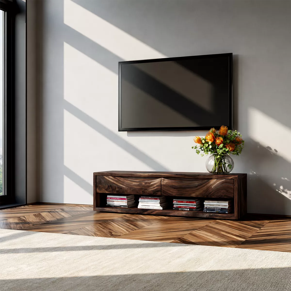 Natural Solid Wood TV Stand with Sculptural Wavy Top Modern Minimalist - Rustiracraft