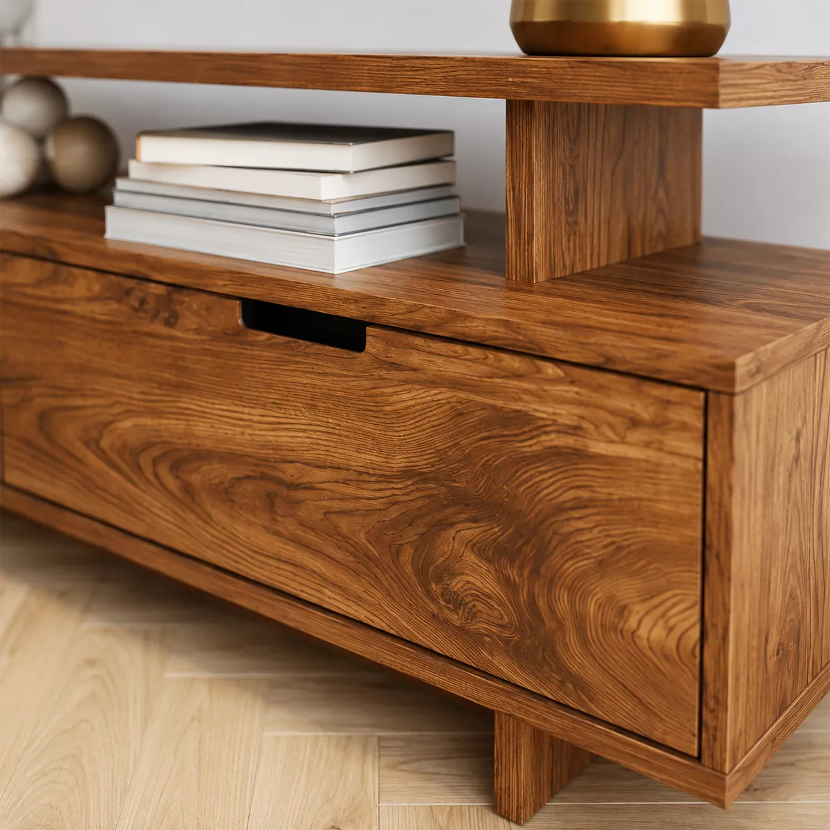 Natural Solid Wood TV Stand with Two Drawers Open Display Shelf Minimalist - Rustiracraft
