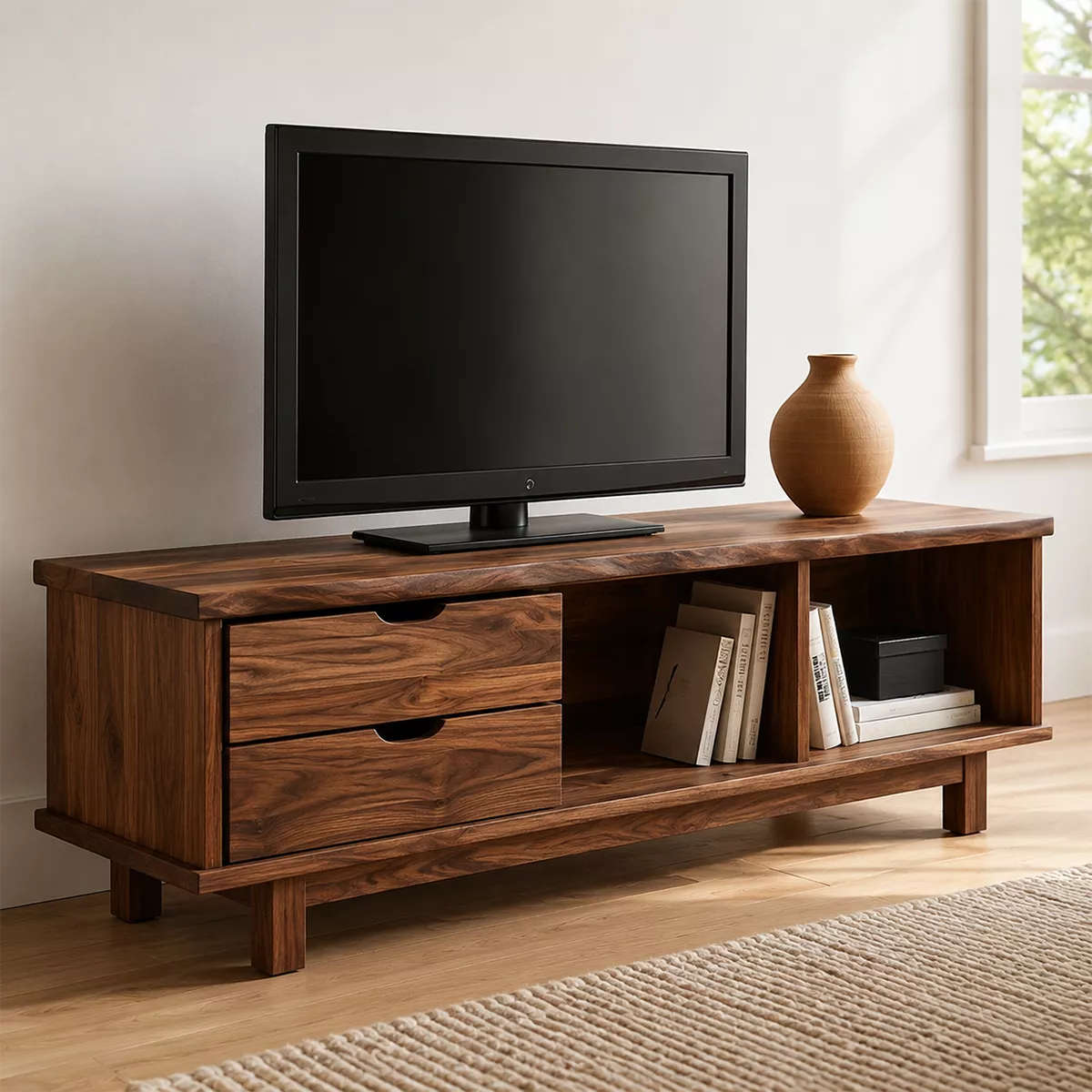 Natural Solid Wood TV Stand with Two Drawers Open Nooks Scandinavian - Rustiracraft