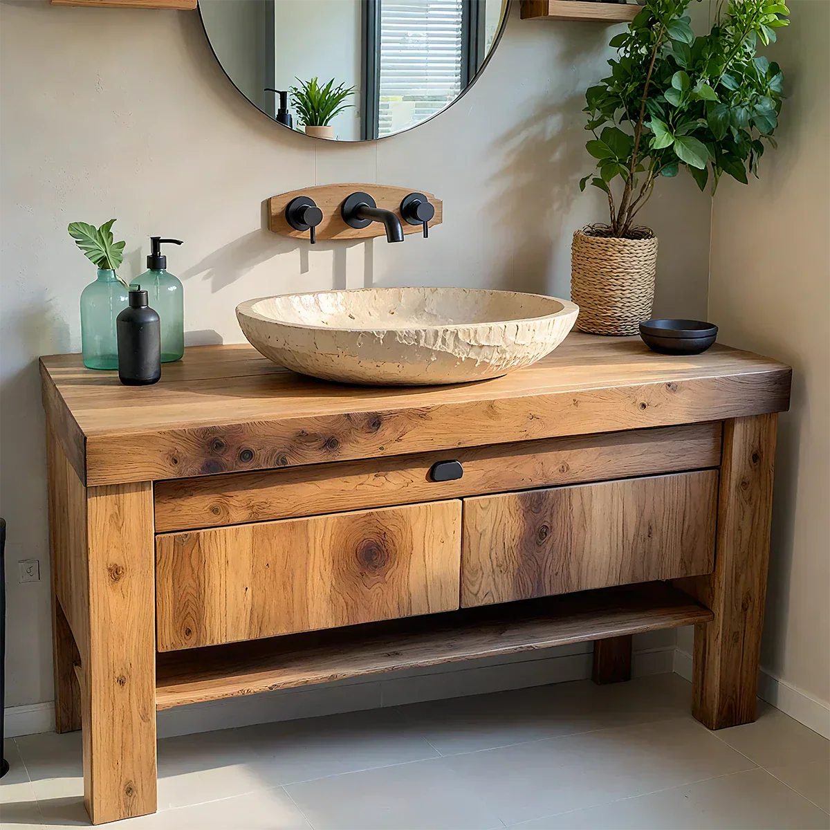Natural Solid Wood Vanity with Carved Stone Basin - Rustiracraft 