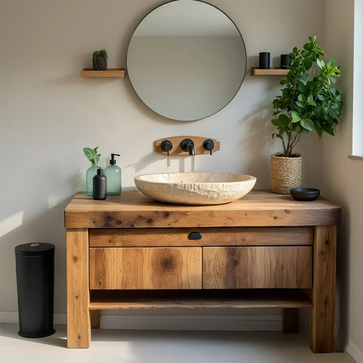 Natural Solid Wood Vanity with Carved Stone Basin - Rustiracraft 