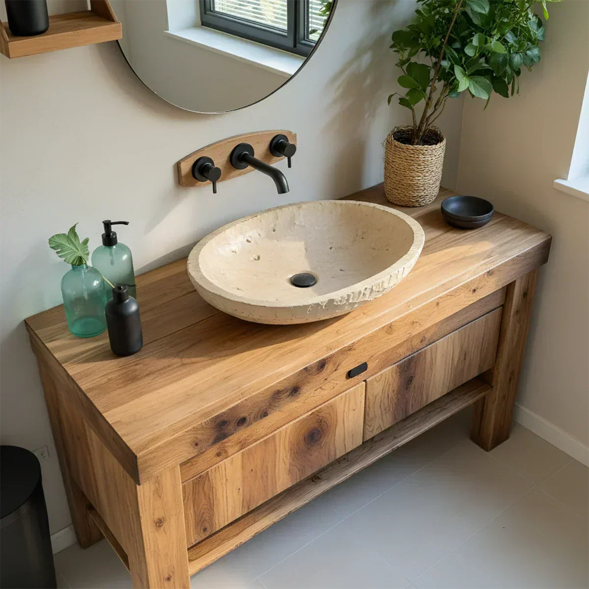 Natural Solid Wood Vanity with Carved Stone Basin - Rustiracraft 