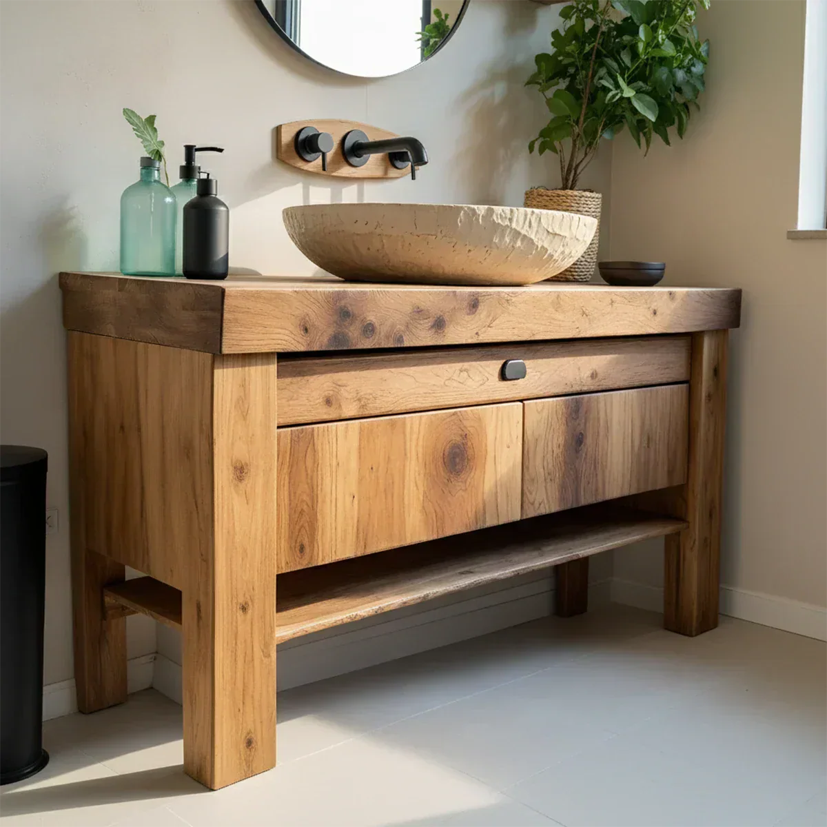 Natural Solid Wood Vanity with Carved Stone Basin - Rustiracraft 