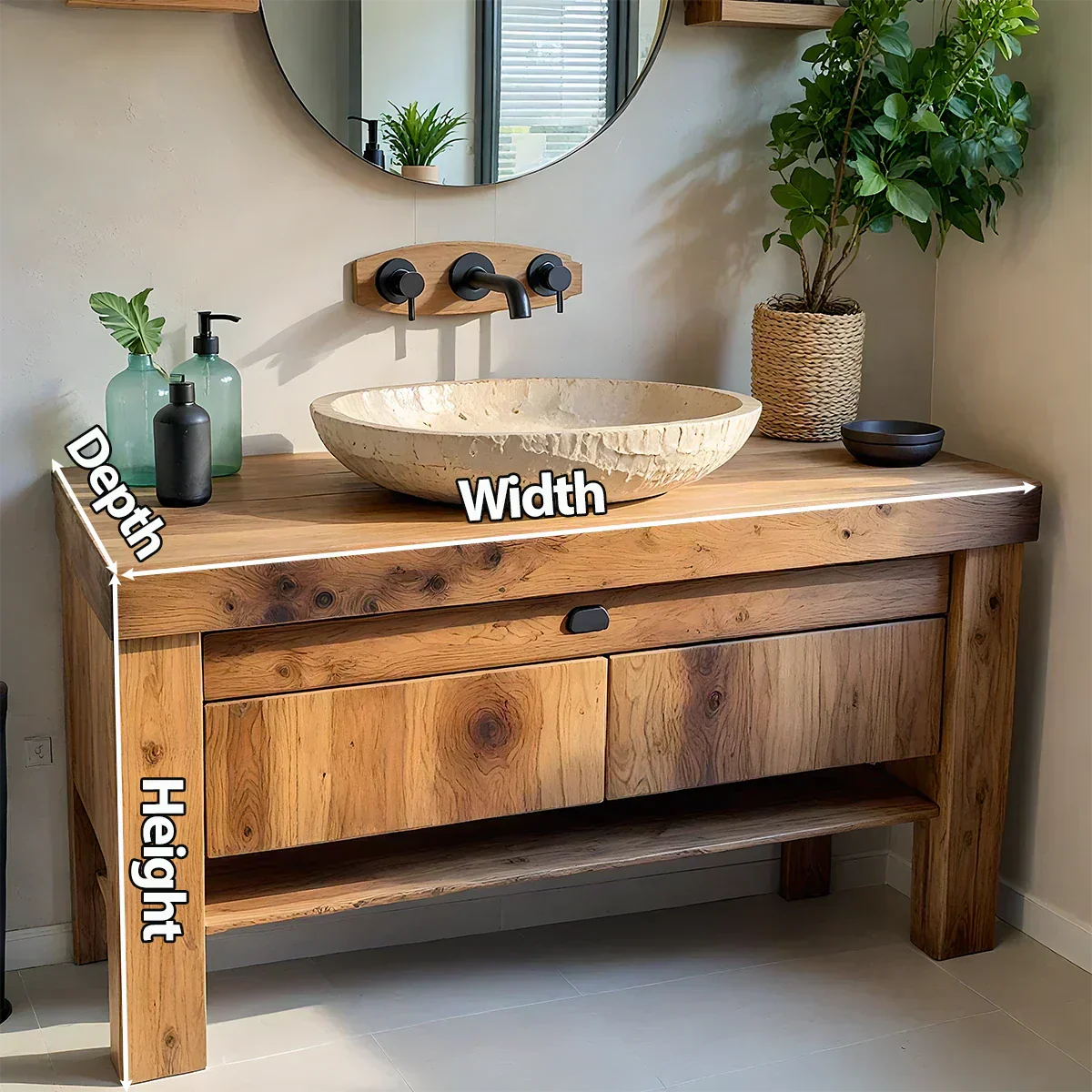 Natural Solid Wood Vanity with Carved Stone Basin - Rustiracraft 