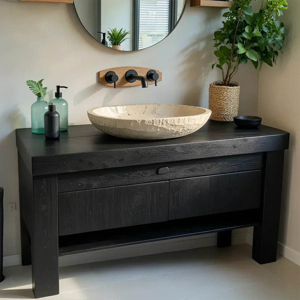 Natural Solid Wood Vanity with Carved Stone Basin - Rustiracraft 