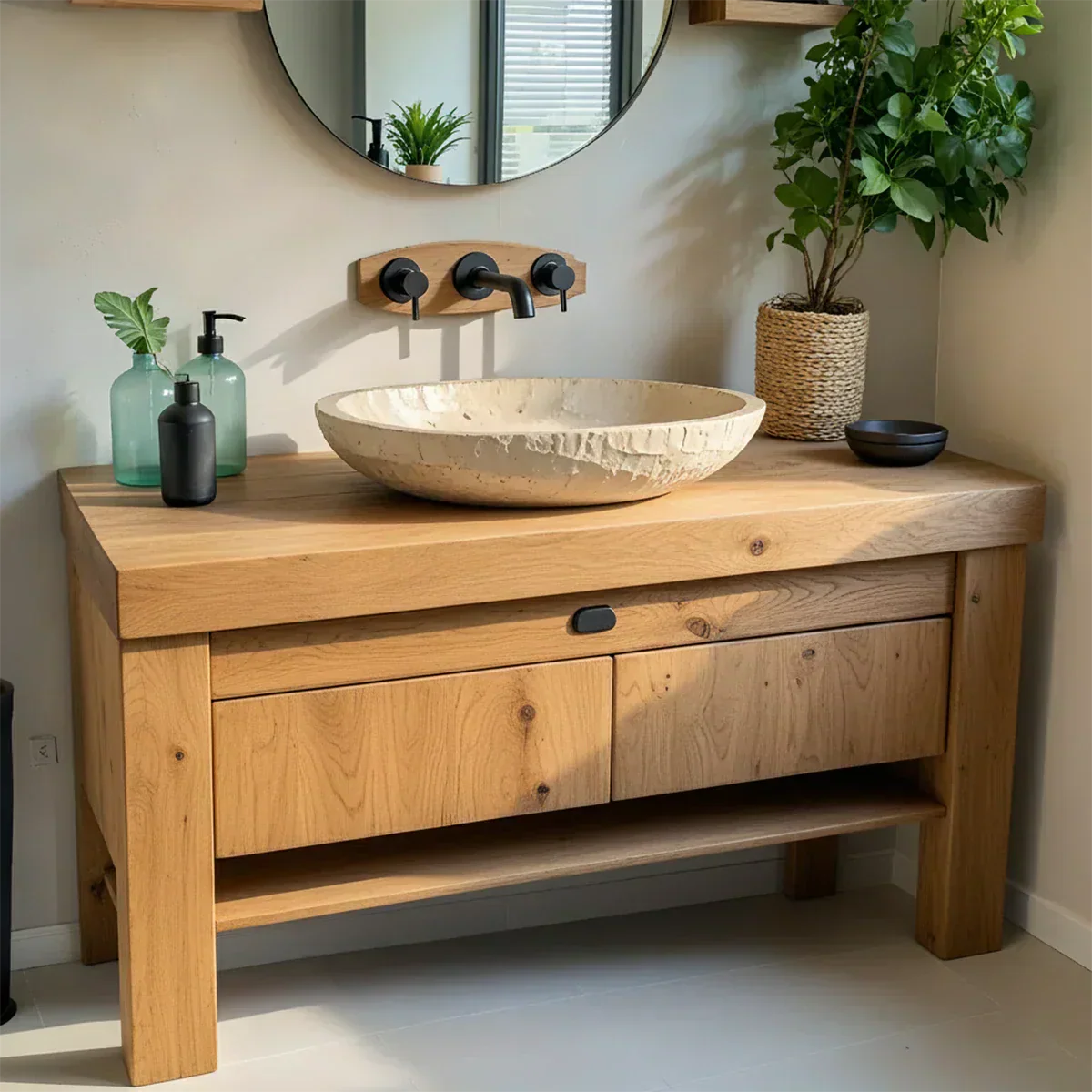 Natural Solid Wood Vanity with Carved Stone Basin - Rustiracraft 