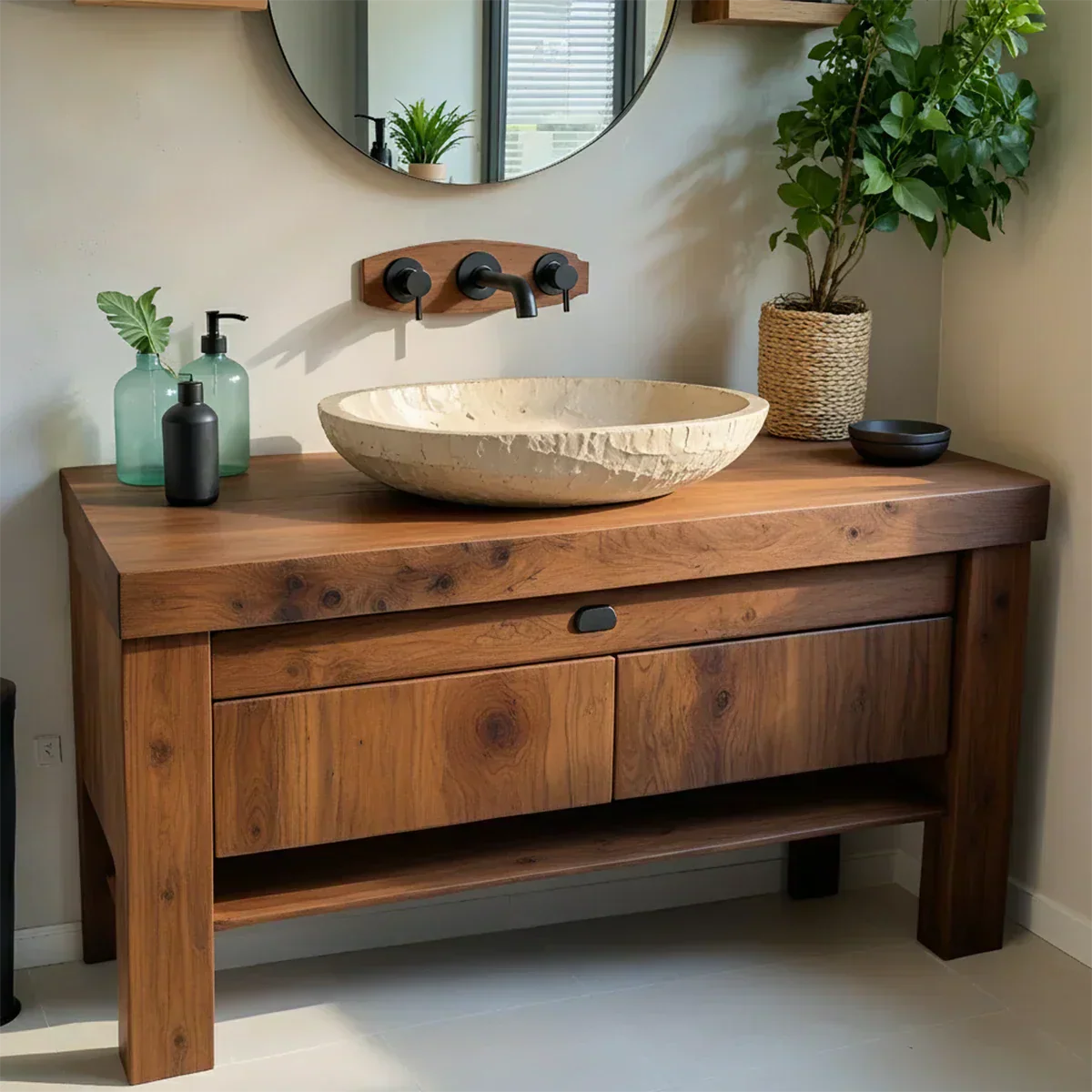 Natural Solid Wood Vanity with Carved Stone Basin - Rustiracraft 