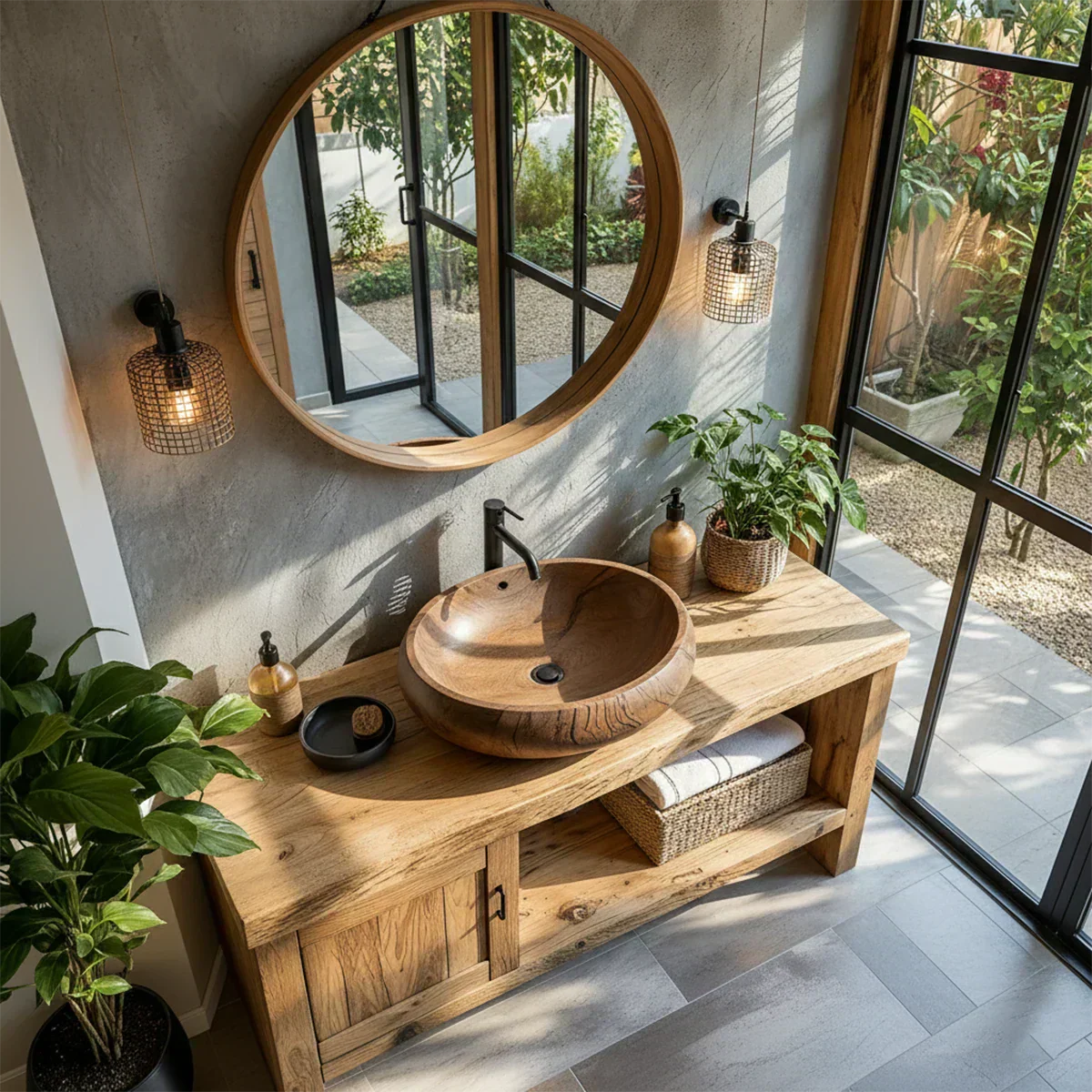 Natural Solid Wood Vanity with Door Cabinet & Open Shelf - Rustiracraft 