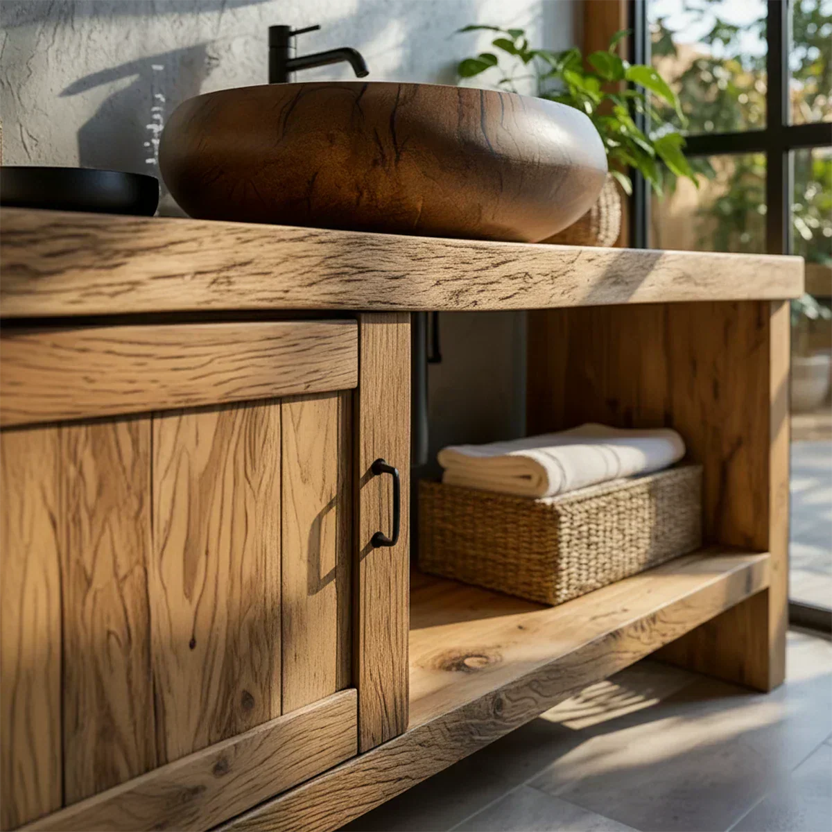 Natural Solid Wood Vanity with Door Cabinet & Open Shelf - Rustiracraft 