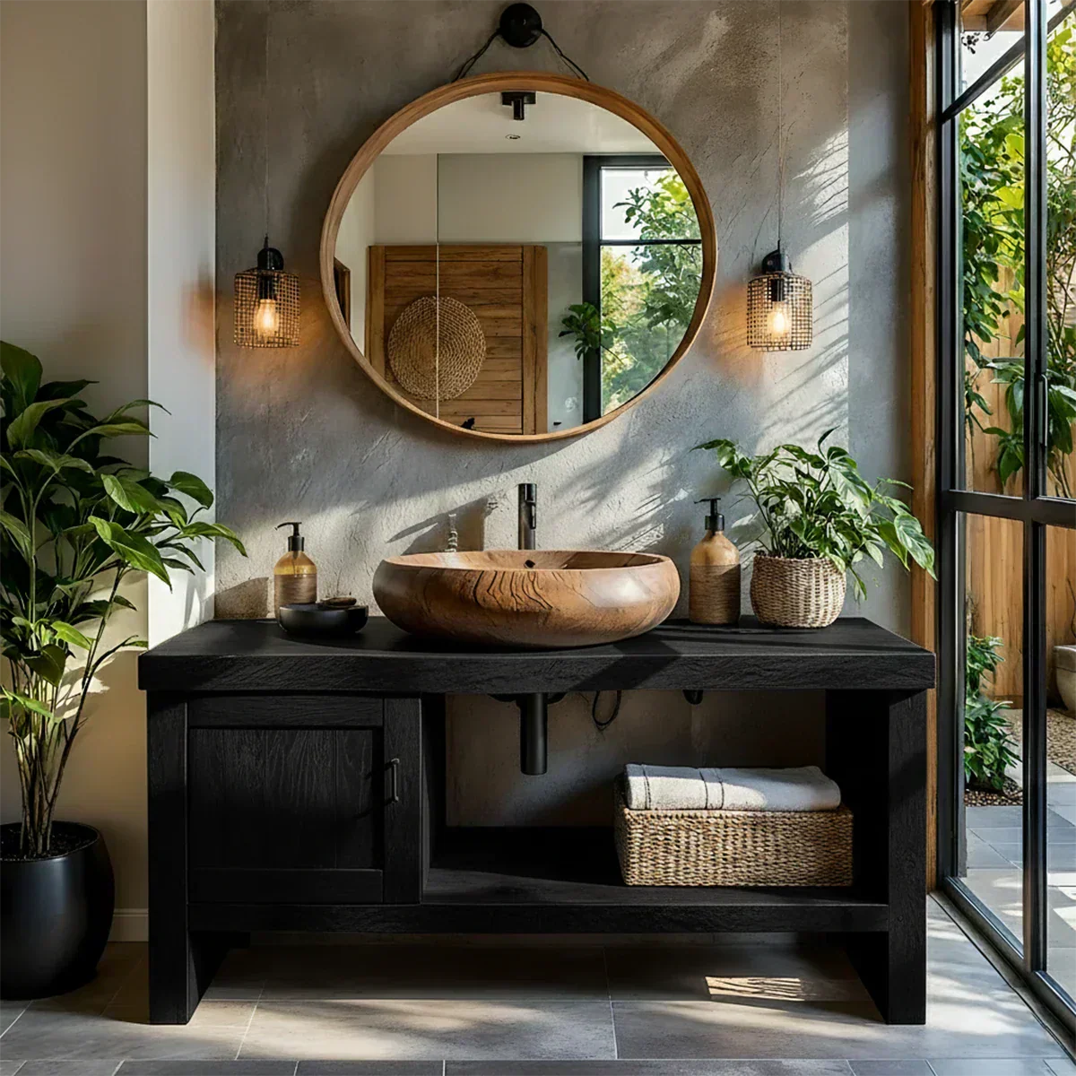 Natural Solid Wood Vanity with Door Cabinet & Open Shelf - Rustiracraft 