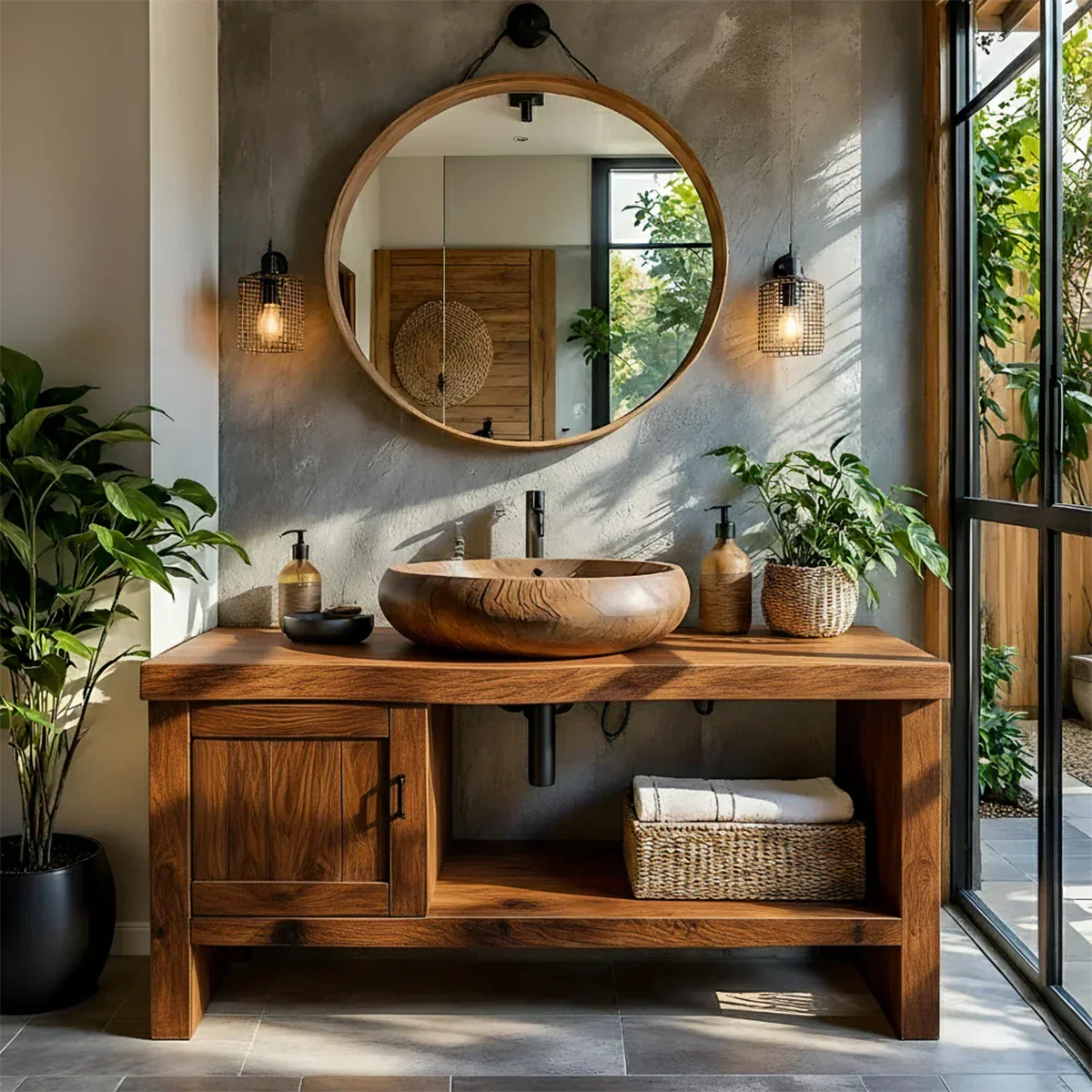 Natural Solid Wood Vanity with Door Cabinet & Open Shelf - Rustiracraft 