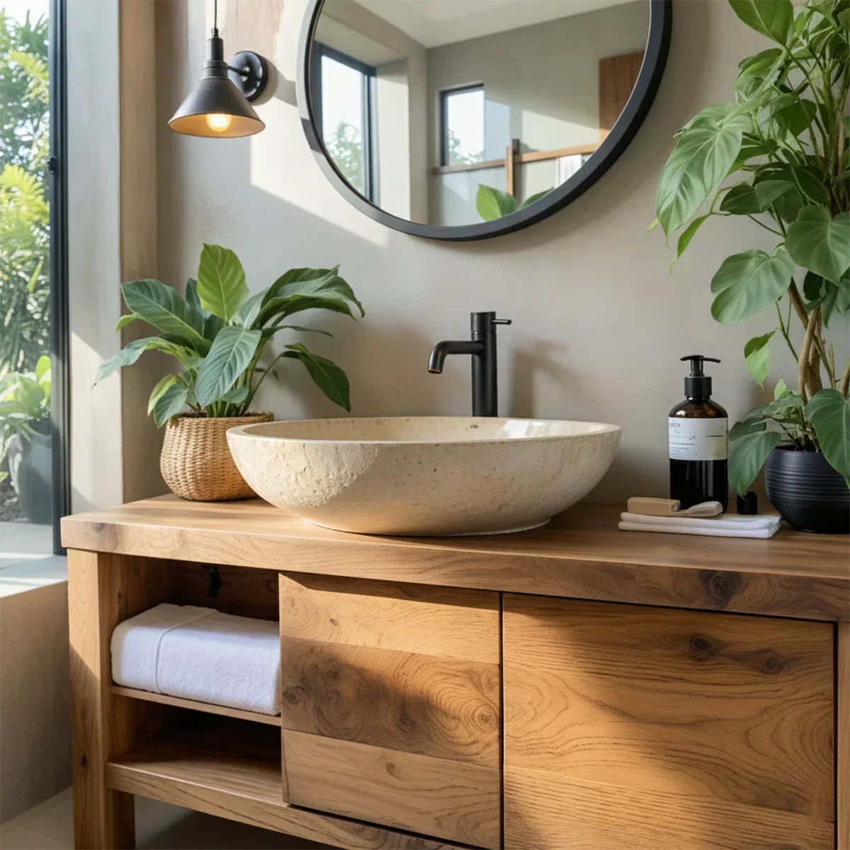 Natural Solid Wood Vanity with Open Shelf & Smooth Grain Doors - Rustiracraft 