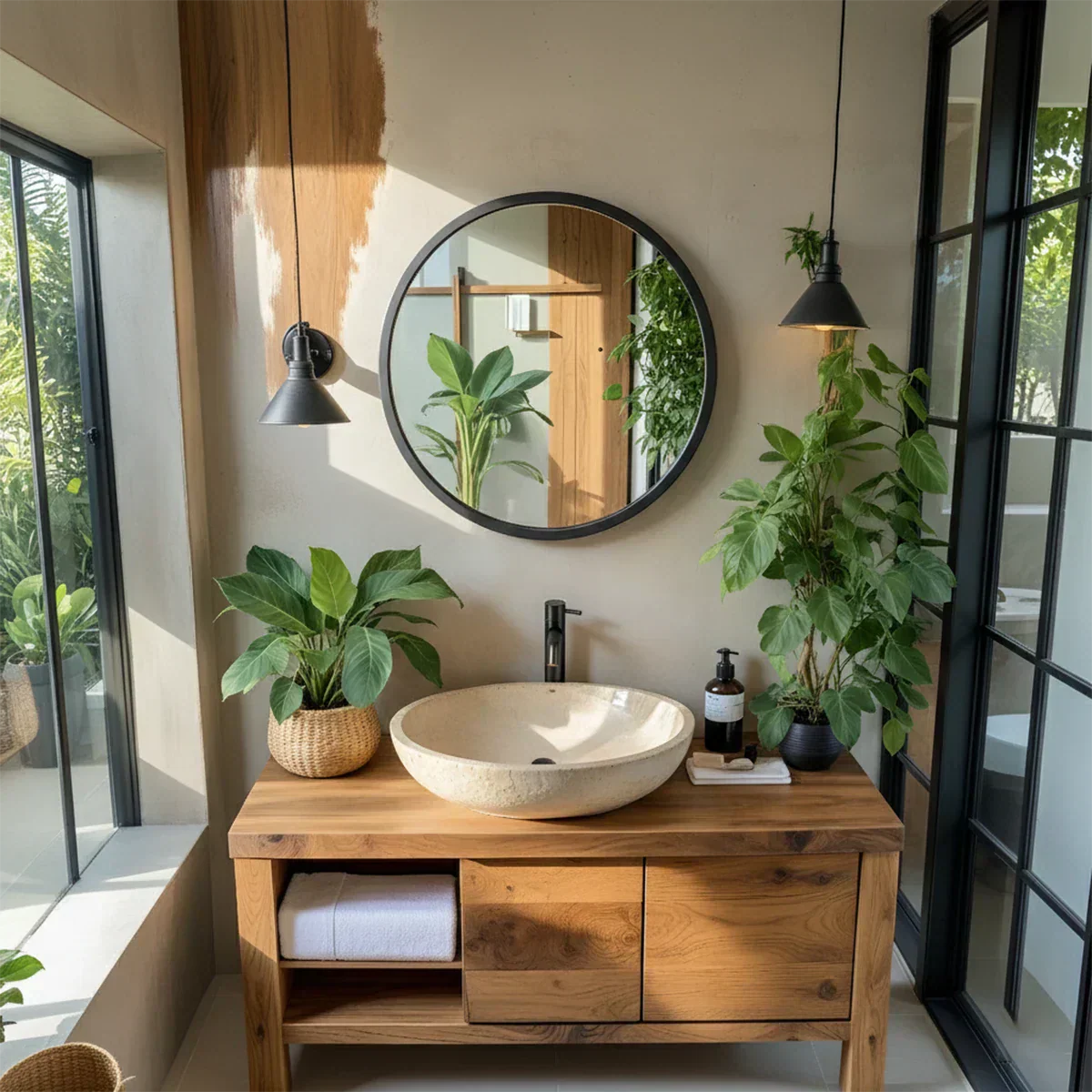 Natural Solid Wood Vanity with Open Shelf & Smooth Grain Doors - Rustiracraft 