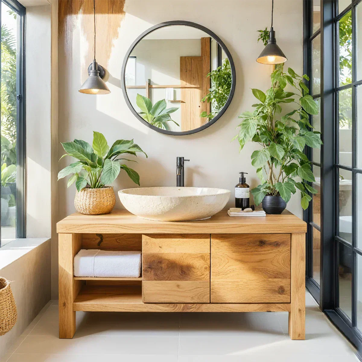 Natural Solid Wood Vanity with Open Shelf & Smooth Grain Doors - Rustiracraft 