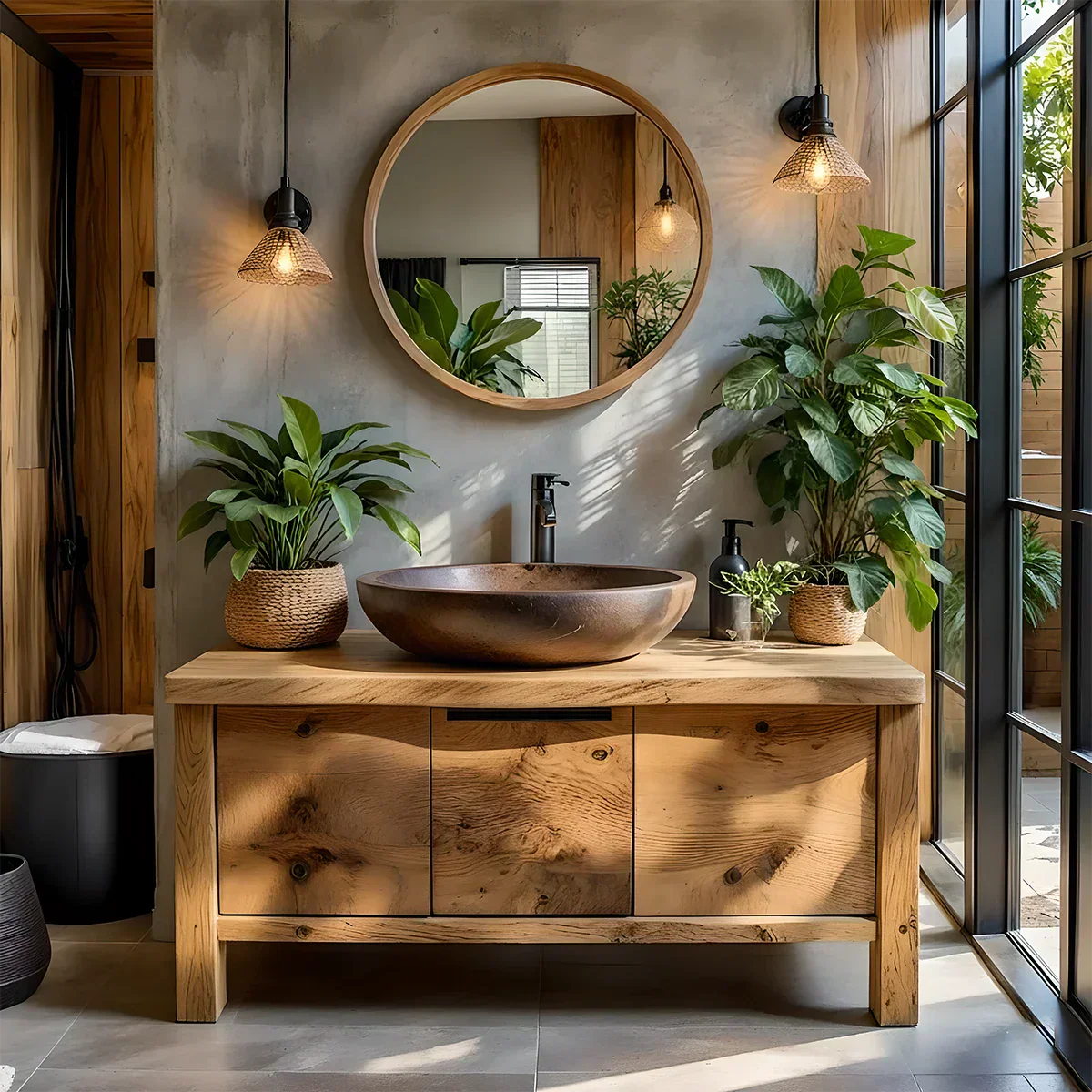 Natural Solid Wood Vanity with Smooth-Corner Frame & Center Cabinet - Rustiracraft 