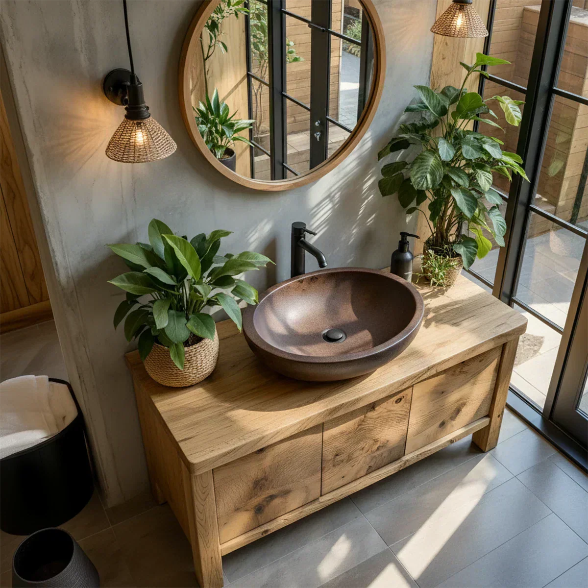 Natural Solid Wood Vanity with Smooth-Corner Frame & Center Cabinet - Rustiracraft 