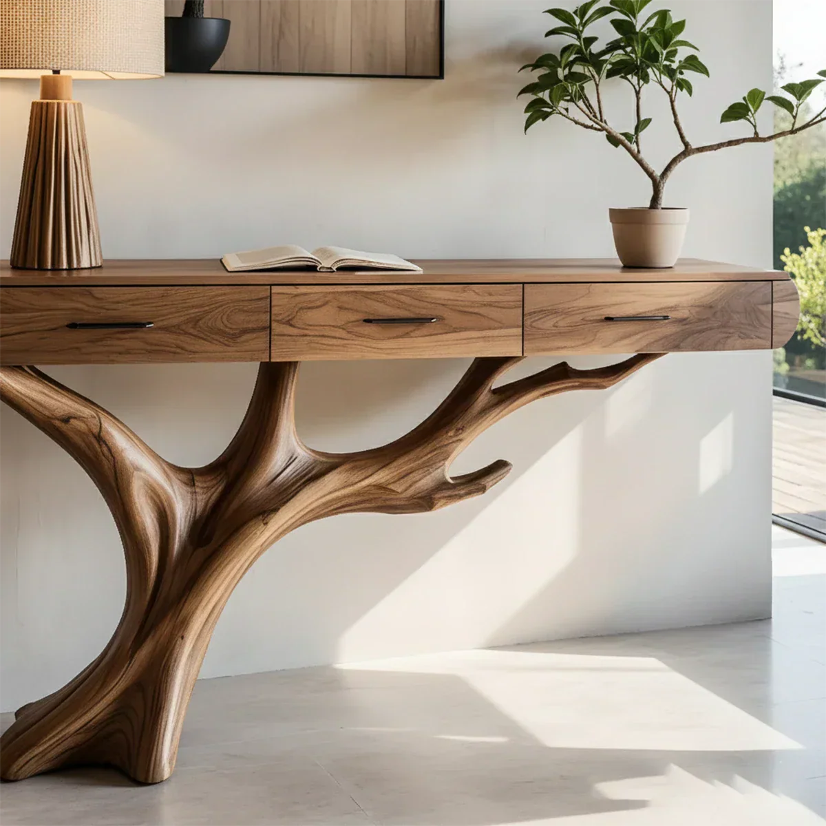 Natural Wood Entryway Console Table with Drawers and Sculptural Tree Base - Rustiracraft