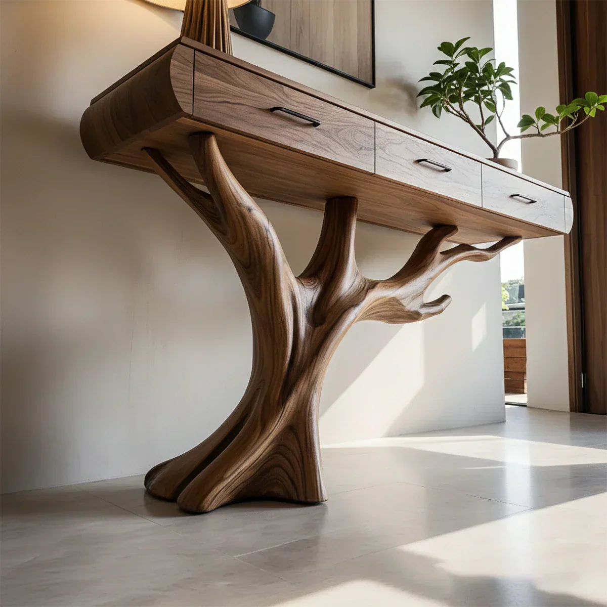 Natural Wood Entryway Console Table with Drawers and Sculptural Tree Base - Rustiracraft