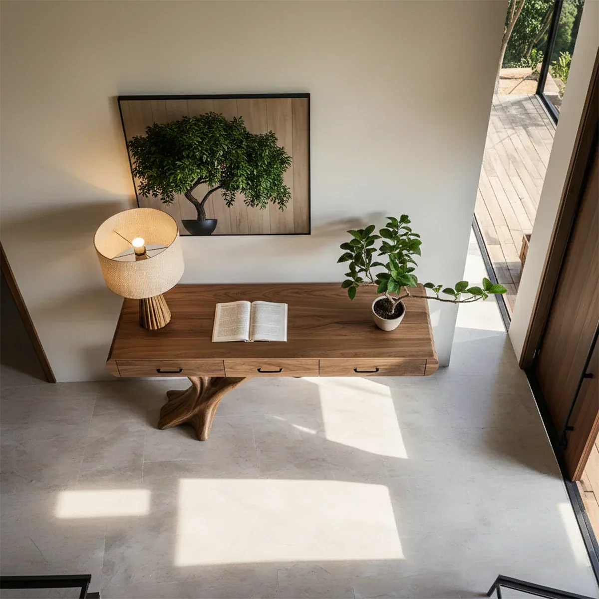 Natural Wood Entryway Console Table with Drawers and Sculptural Tree Base - Rustiracraft
