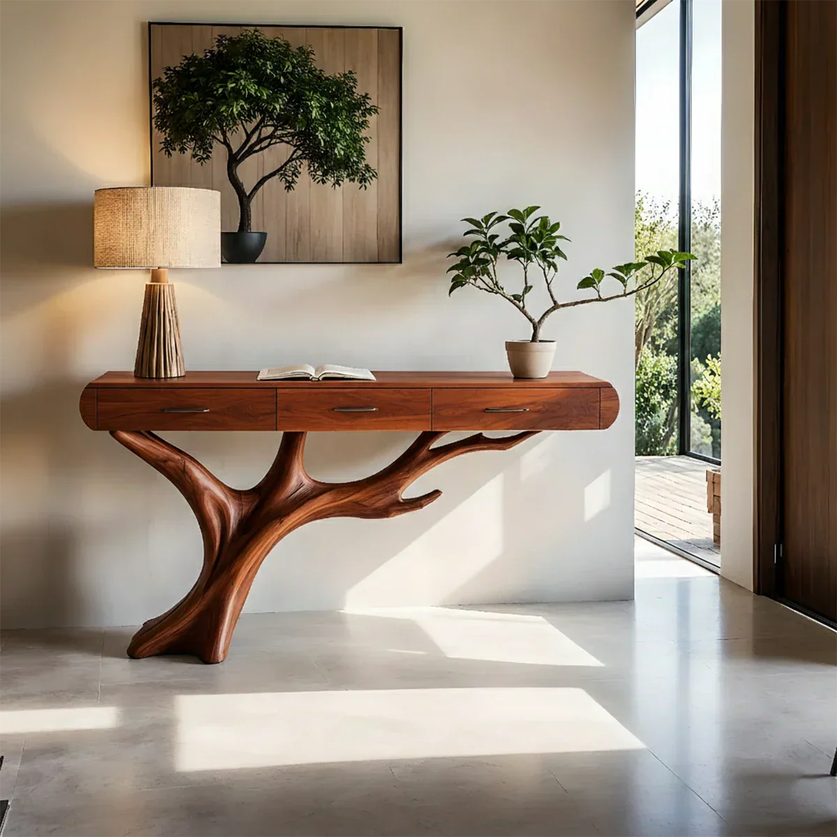 Natural Wood Entryway Console Table with Drawers and Sculptural Tree Base - Rustiracraft