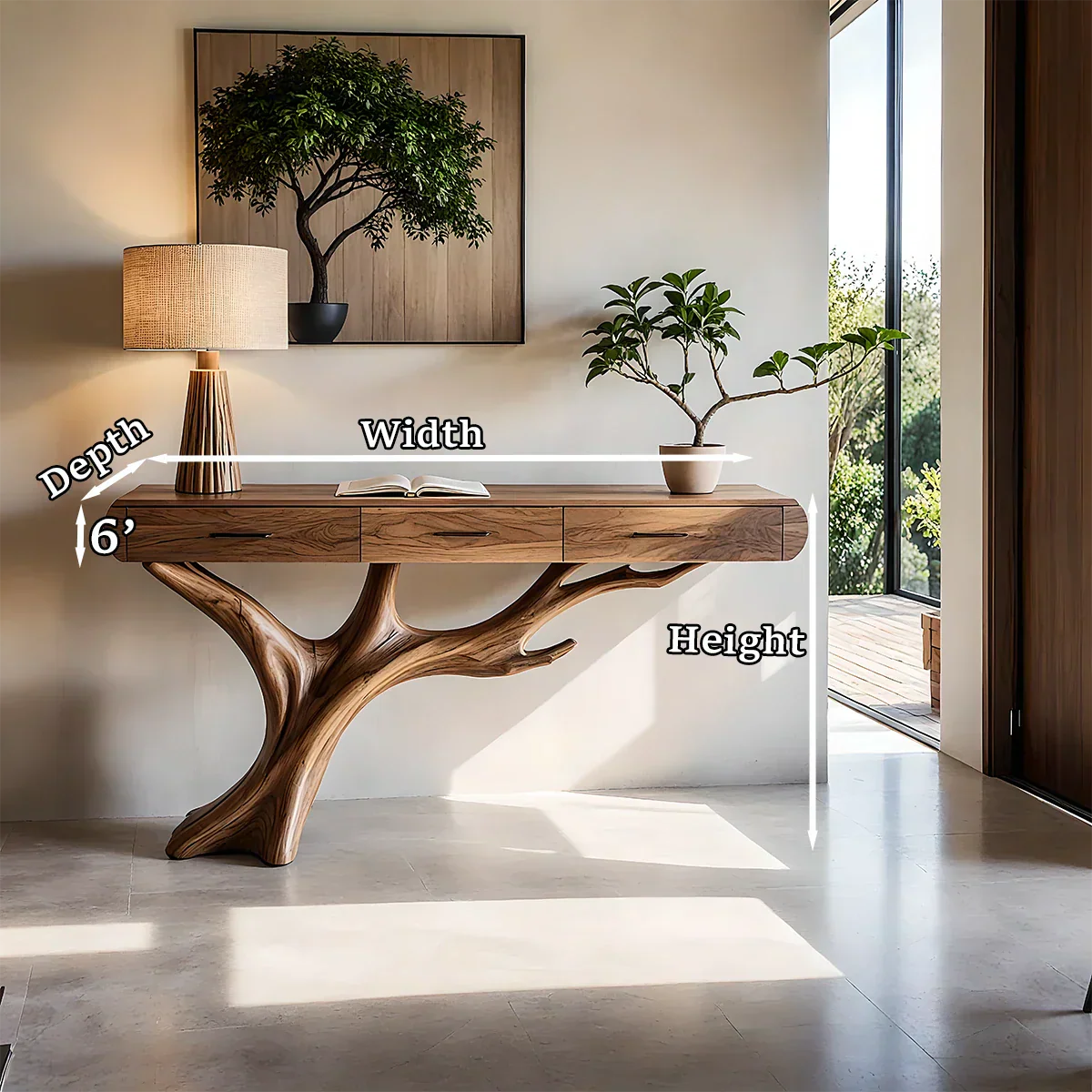 Natural Wood Entryway Console Table with Drawers and Sculptural Tree Base - Rustiracraft