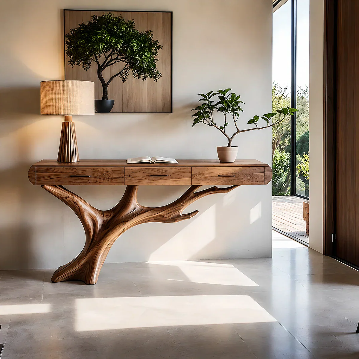 Natural Wood Entryway Console Table with Drawers and Sculptural Tree Base - Rustiracraft
