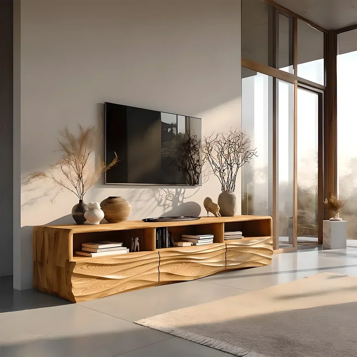 Oak Sculpted TV Stand with Open Shelves – Japandi Media Console - Rustiracraft 