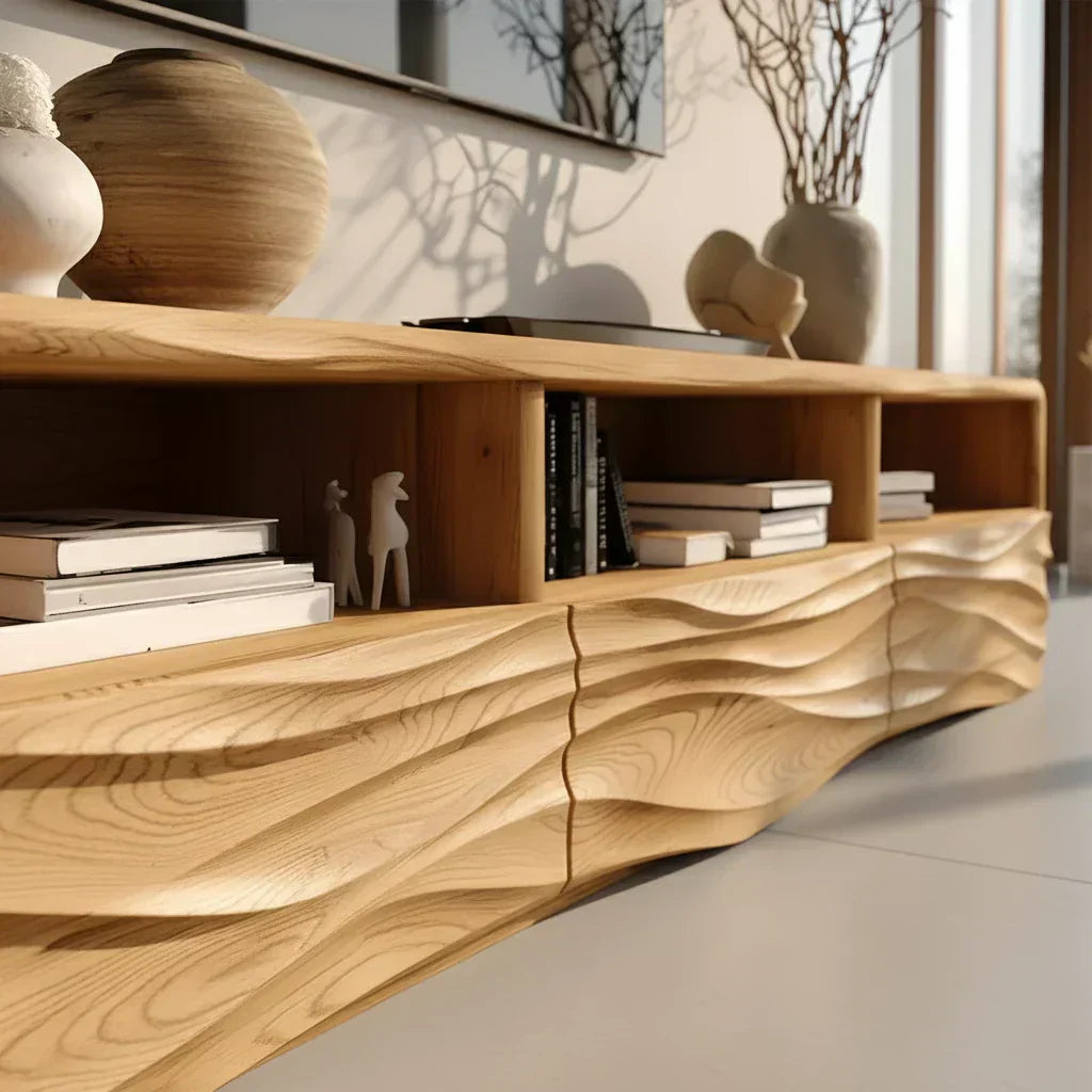 Oak Sculpted TV Stand with Open Shelves – Japandi Media Console - Rustiracraft 