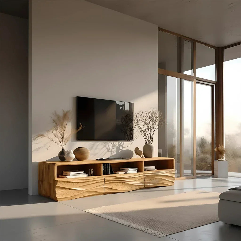 Oak Sculpted TV Stand with Open Shelves – Japandi Media Console - Rustiracraft 